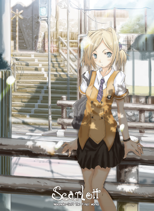 1girl arm_support blonde_hair blue_eyes copyright_name dappled_sunlight konatsu_karasu looking_at_viewer necktie original railing railroad_crossing scarlett school_uniform serafuku shadow solo stairs sunlight traffic_light vest wristband