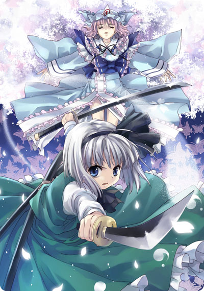 2girls ascot bangs blue_eyes butterfly cherry_blossoms closed_eyes dress dual_wielding female fighting_stance floating frills hairband hat hitodama katana konpaku_youmu konpaku_youmu_(ghost) long_skirt long_sleeves looking_at_viewer multiple_girls open_mouth outstretched_arm outstretched_arms petals pink_hair saigyouji_yuyuko sato-pon serious short_hair side_slit silver_hair skirt skirt_set snow snowing spread_arms sword touhou triangular_headpiece vest weapon white_hair wide_sleeves wind