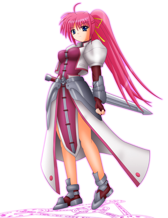 1girl ahoge bare_legs blue_eyes fingerless_gloves full_body gloves hair_ribbon levantine long_hair looking_at_viewer lyrical_nanoha magic_circle mahou_shoujo_lyrical_nanoha mahou_shoujo_lyrical_nanoha_a's pink_hair ponytail red_gloves redhead ribbon scabbard serious sheath signum simple_background solo standing unsheathed white_background yamaguchi_ugou