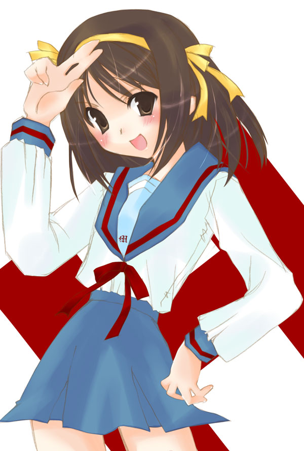 1girl bad_anatomy brown_hair h ll_(artist) poorly_drawn school_uniform serafuku short_hair solo suzumiya_haruhi suzumiya_haruhi_no_yuuutsu