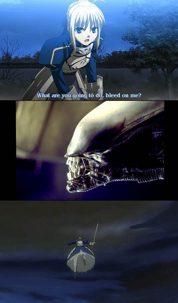 1girl alien alien_(movie) armor blonde_hair braid crossover excalibur fate/stay_night fate_(series) fleeing french_braid monty_python night outdoors parody saber screencap subtitled sword weapon xenomorph