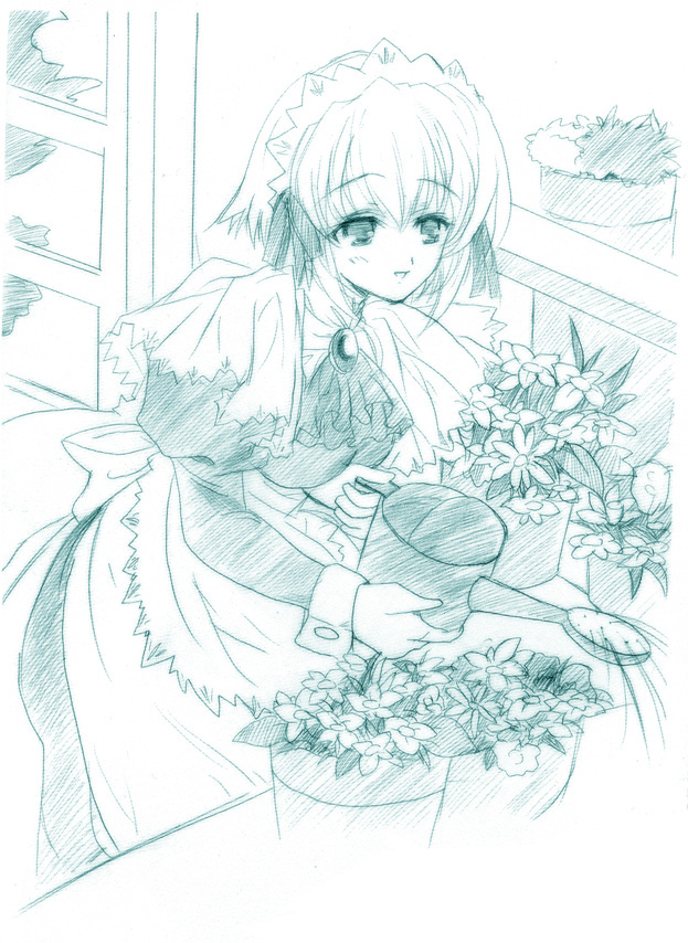 1girl apron aqua brooch flower flower_pot jewelry kiritaku kotonomiya_yuki maid maid_apron maid_headdress monochrome plant potted_plant puffy_sleeves smile solo suigetsu watering_can