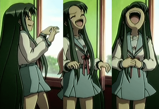 animated animated_gif green_hair laughing long_hair screencap suzumiya_haruhi_no_yuuutsu tsuruya very_long_hair