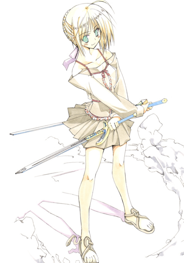 10mo 1girl blonde_hair blue_eyes crossed_arms dual_wielding fate/stay_night fate_(series) holding holding_sword holding_weapon pleated_skirt resized saber sandals skirt solo sword weapon