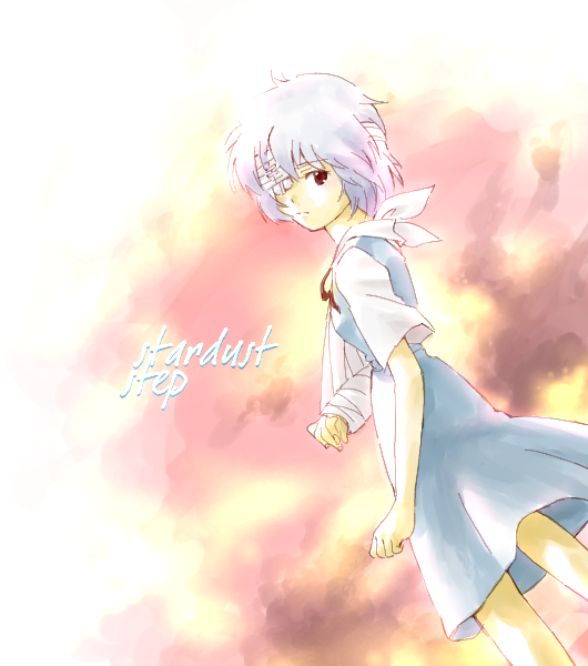 1girl arm_sling ayanami_rei bandage bandage_over_one_eye blue_hair neon_genesis_evangelion school_uniform serafuku solo