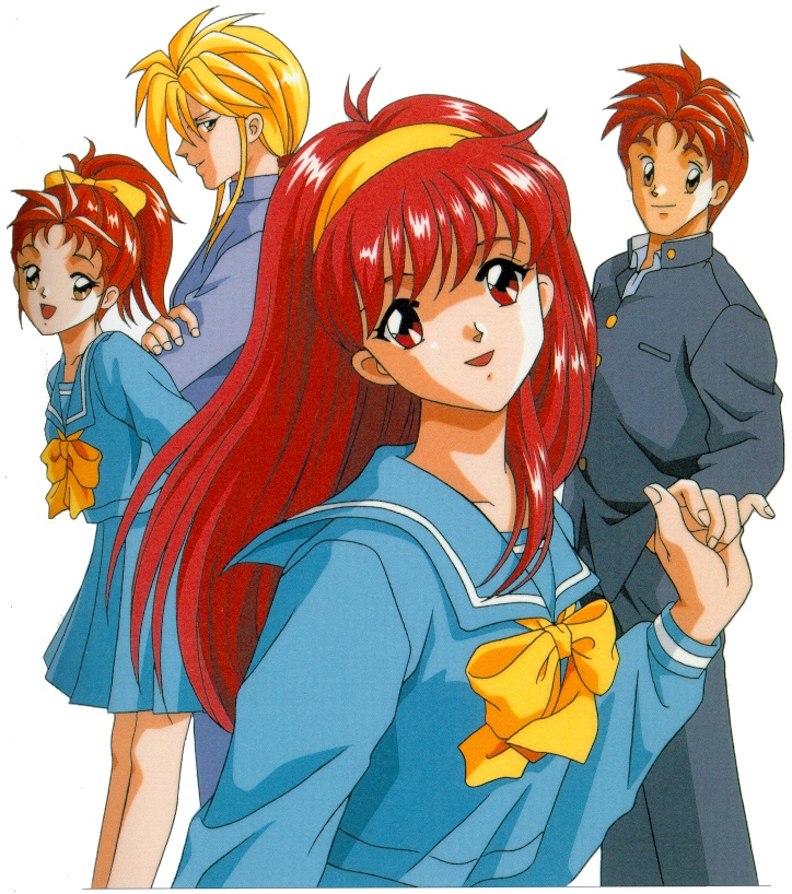 1boy 3girls 90s :d bangs blonde_hair bow brown_eyes fingernails fujisaki_shiori hair_ribbon hairband ijuuin_rei kokura_masashi konami long_hair long_sleeves looking_at_viewer multiple_girls official_art oldschool open_mouth orange_hair pleated_skirt ponytail profile red_eyes redhead ribbon saotome_yoshio saotome_yumi scan school_uniform serafuku simple_background skirt smile tokimeki_memorial tokimeki_memorial_1 white_background yellow_bow