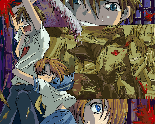 1boy 1girl baseball_bat blood blood_splatter blue_eyes brown_hair closed_eyes crazy_eyes fighting flashback friends glomp higurashi_no_naku_koro_ni houjou_satoko hug lowres maebara_keiichi murder oekaki red_shirt ryuuguu_rena scared school_uniform serafuku shirt shouting smile sonozaki_mion sonozaki_shion sweat tears tomitake_jirou weapon white_shirt