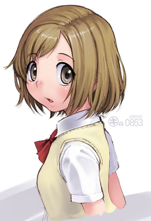 1girl brown_eyes brown_hair kei_jiei looking_at_viewer school_uniform serafuku short_hair solo sweater sweater_vest upper_body vest