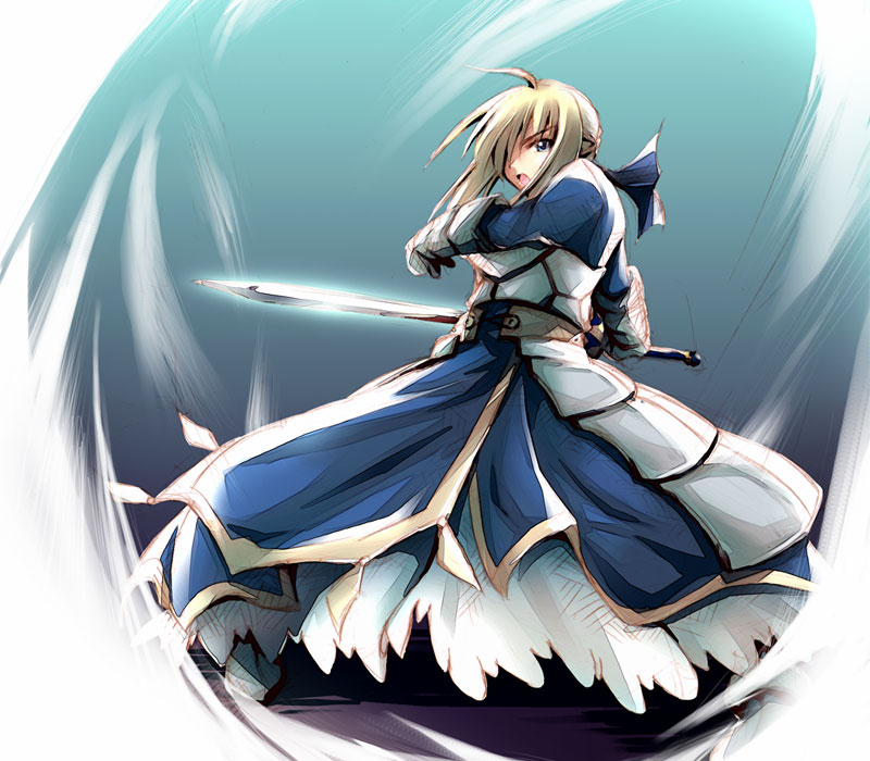 1girl armor armored_dress blonde_hair blue_eyes dress fate/stay_night fate_(series) fuyuwa_kotatsu long_hair saber solo sword weapon