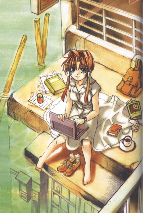 1girl aria bag barefoot book breasts casual coffee_cup computer cup diary dress exif_thumbnail_surprise feet from_above hair_intakes hair_tubes laptop legs long_hair looking_at_viewer looking_up mizunashi_akari paper plate railing redhead saucer shoes_removed sideboob sitting socks_removed solo toes water white_dress