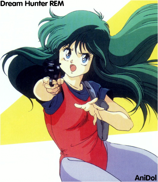 &gt;:o 1girl 80s :o aiming angry ayanokouji_rem blue_eyes breasts copyright_name cowboy_shot dream_hunter_rem english finger_on_trigger floating_hair foreshortening green_hair grey_legwear gun handgun holding holding_weapon holster leotard long_hair mouri_kazuaki official_art oldschool open_mouth pantyhose revolver scan shirt short_sleeves simple_background small_breasts solo spandex t-shirt unitard very_long_hair weapon white_background yellow_background
