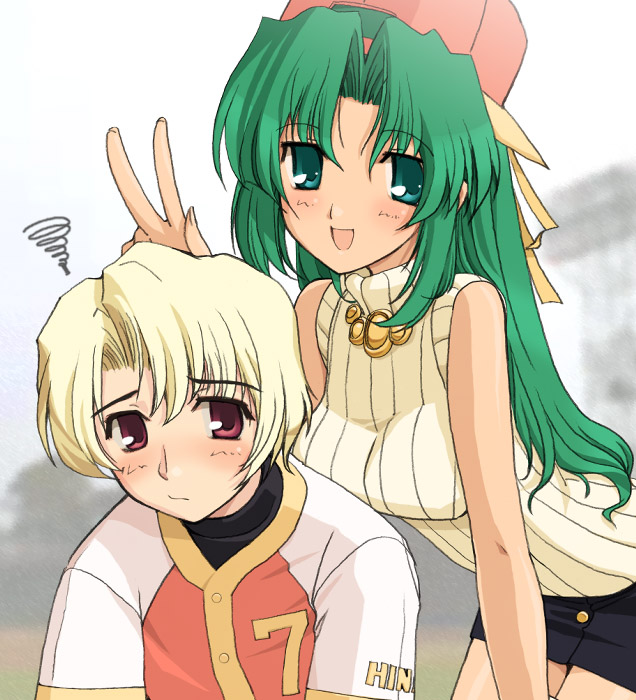 1boy 1girl baseball_uniform bent_over blonde_hair blush breasts clothes_writing embarrassed green_eyes green_hair higurashi_no_naku_koro_ni houjou_satoshi large_breasts long_hair looking_at_viewer red_eyes sleeveless sleeveless_turtleneck smile sonozaki_shion sportswear striped turtleneck v vertical_stripes very_long_hair