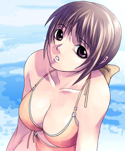 1girl bikini breasts brown_eyes brown_hair cleavage collarbone dead_or_alive kasumi_(doa) large_breasts looking_at_viewer shadow solo swimsuit tasaka_shinnosuke tecmo