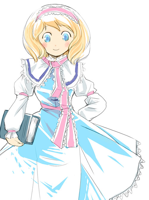 1girl alice_margatroid blonde_hair blue_dress blue_eyes blush book capelet dress female hairband hand_on_hip holding holding_book looking_at_viewer sash short_hair simple_background smile solo standing touhou wavy_hair white_background yuu_(kfc)