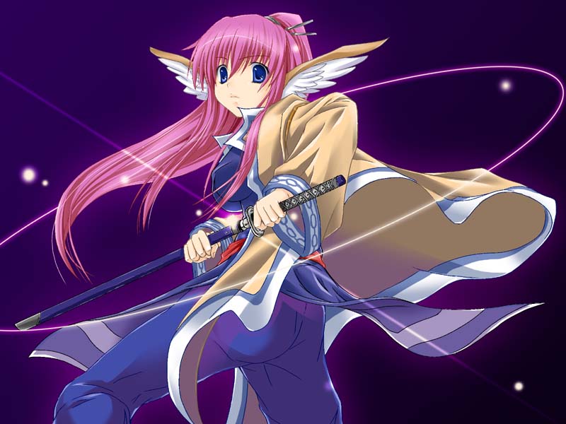 1girl head_wings long_hair maho_(yakimorokoshi) ponytail purple_hair solo sword touka_(utawareru_mono) utawareru_mono weapon