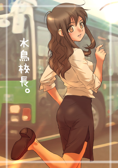 1girl brown_eyes brown_hair bus ground_vehicle long_hair looking_back motor_vehicle original pantyhose pencil_skirt rustle skirt solo teacher train translated vehicle