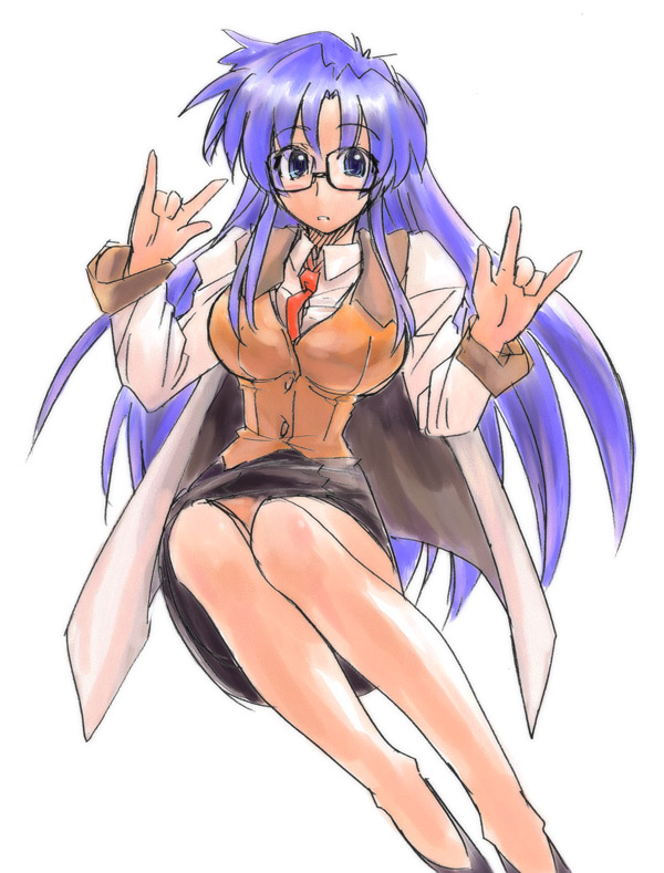 00s 1girl \m/ arms_up blue_eyes blue_hair glasses long_hair looking_at_viewer loose_necktie necktie read_or_die simple_background solo umiushi very_long_hair vest white_background yomiko_readman