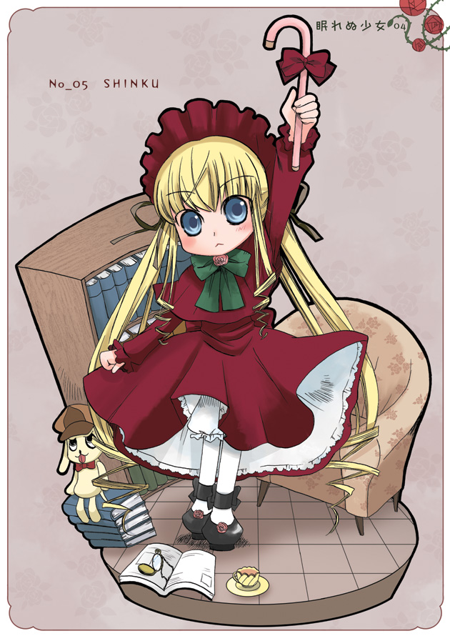 00s 1girl blonde_hair bloomers blue_eyes book bow bowtie cane hayashi_tsugumi kunkun rozen_maiden shinku solo stuffed_animal stuffed_toy tea underwear