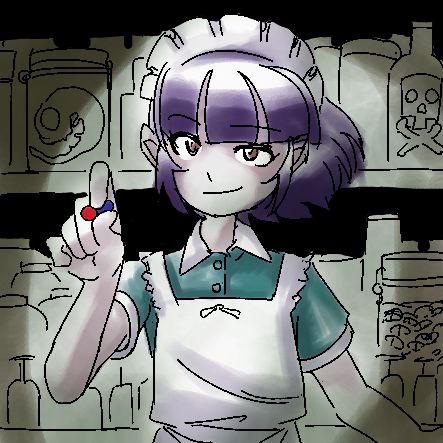 1girl aliasing apron blue_hair bottle container drugs futaba_channel holding indoors looking_at_viewer lowres maid_apron maid_headdress nijiura_maids pill shelf short_hair skull_and_crossbones smile solo yakui