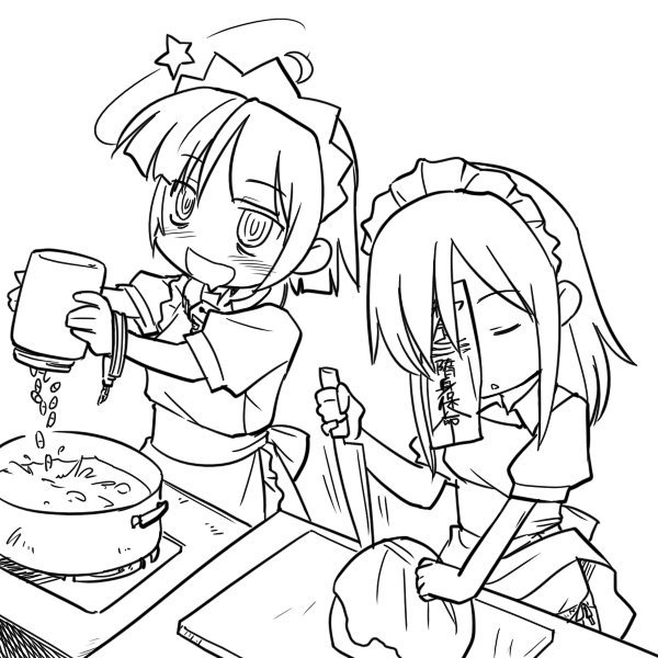 2girls cooking drugged drugs futaba_channel hinemosu_notari monochrome multiple_girls nijiura_maids shitai yakui