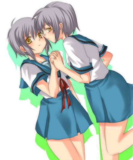 2girls dual_persona mei multiple_girls nagato_yuki school_uniform serafuku short_hair subaru_(yachika) suzumiya_haruhi_no_yuuutsu time_paradox