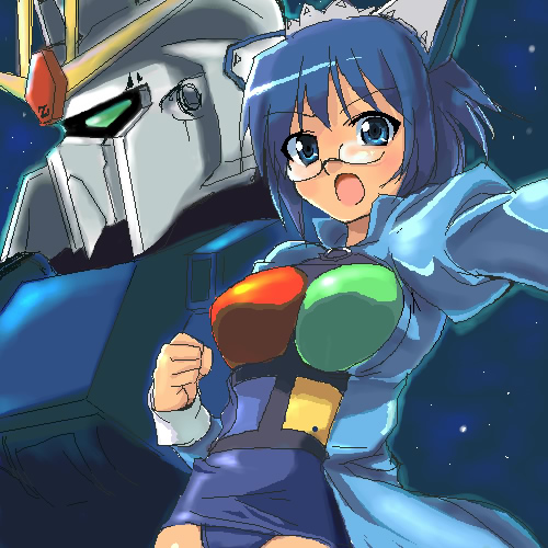 1girl 2k-tan :o bangs blue_eyes blue_hair blush bob_cut clenched_hand crossover dress fighting_stance glasses green_eyes gundam hairband looking_at_viewer lowres maid maid_headdress mecha oekaki one-piece_swimsuit open_mouth os-tan outstretched_arm r-type_nirvana school_swimsuit short_hair sky souryuu space standing star_(sky) starry_sky swimsuit swimsuit_costume swimsuit_under_clothes zeta_gundam zeta_gundam_(mobile_suit)