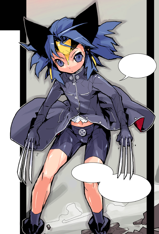 1girl animal_ears bare_legs bike_shorts blue_eyes blue_hair claws coat genderswap gloves marvel najimi_shin navel solo uniform wolverine x-men younger