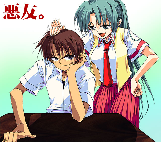 1boy 1girl anger_vein annoyed chin_rest fujitaka_(akasora) green_hair grin hand_on_another's_head hand_on_head hand_on_hip higurashi_no_naku_koro_ni maebara_keiichi patting school_uniform sitting smile sonozaki_mion table