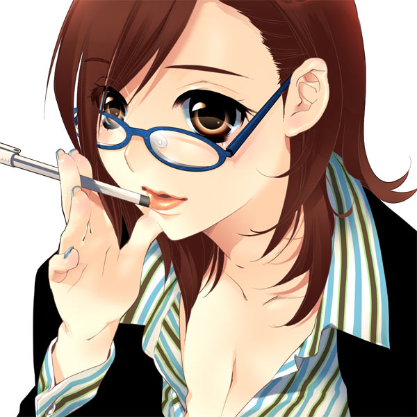 1girl 888 breasts cleavage close-up glasses lips medium_breasts nail_polish original pen recchiki solo teacher thinking