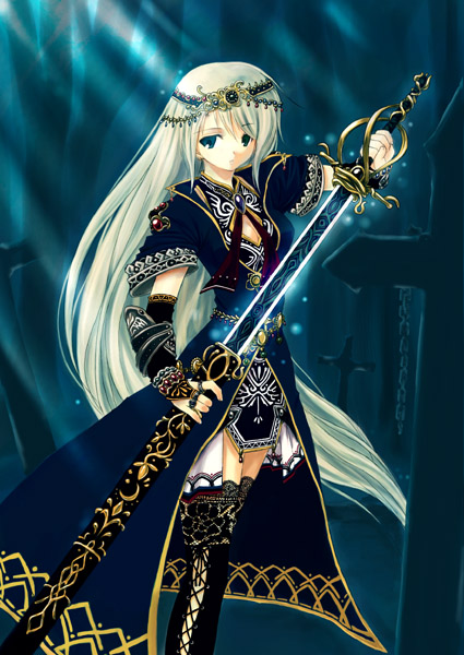 1girl arm_guards armor armored_dress blonde_hair blue blue_background blue_eyes breasts chains cleavage cross fantasy gloves graveyard headband headdress knight lace light_brown_hair long_hair medieval mikazukimo sheath surcoat sword thigh-highs thighs unsheathing weapon white_hair zettai_ryouiki