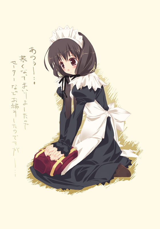 1girl apron black_dress blush bow brown_eyes brown_hair dress full_body hair_bow hands_together kneeling long_hair long_sleeves looking_down low_twintails maid maid_apron maid_headdress murakami_suigun puffy_long_sleeves puffy_sleeves red_eyes seiza simple_background sitting smile solo sweater turtleneck twintails wariza yellow_background yokozuwari