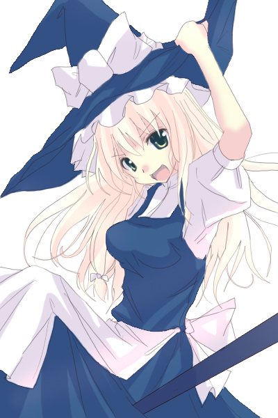 1girl :d blonde_hair bow broom female hair_bow hat kirisame_marisa long_hair looking_at_viewer open_mouth rikudou_inuhiko simple_background smile solo touhou white_background witch_hat yellow_eyes