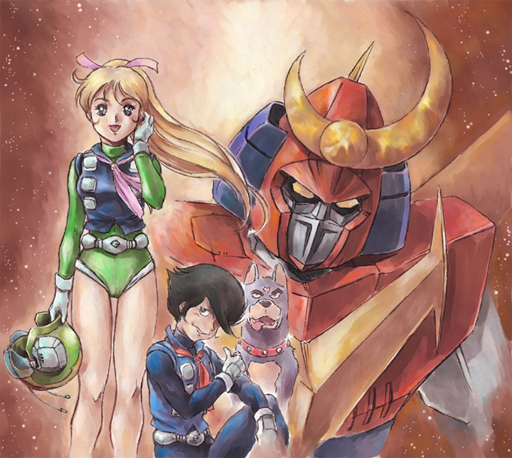 1boy 1girl 70s animal ascot belt blonde_hair blue_eyes bow chonishiki dog helmet kamikita_keiko keiko long_hair mecha muteki_choujin_zambot_3 oldschool pink_bow super_robot uchuuta_kamie vest zambot3 zambot_3