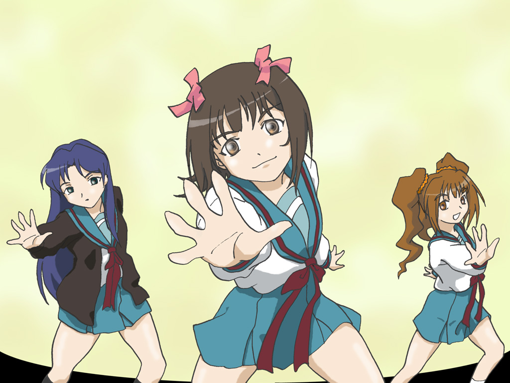 amami_haruka crossover hare_hare_yukai idolmaster kisaragi_chihaya parody school_uniform serafuku suzumiya_haruhi_no_yuuutsu takatsuki_yayoi twintails