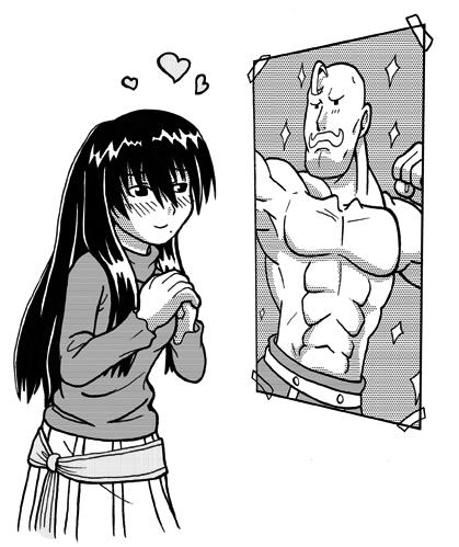 00s 1boy 1girl alex_louis_armstrong blush facial_hair fullmetal_alchemist genshiken hands_clasped heart long_hair lowres monochrome muscle mustache oono_kanako poster_(object) sparkle