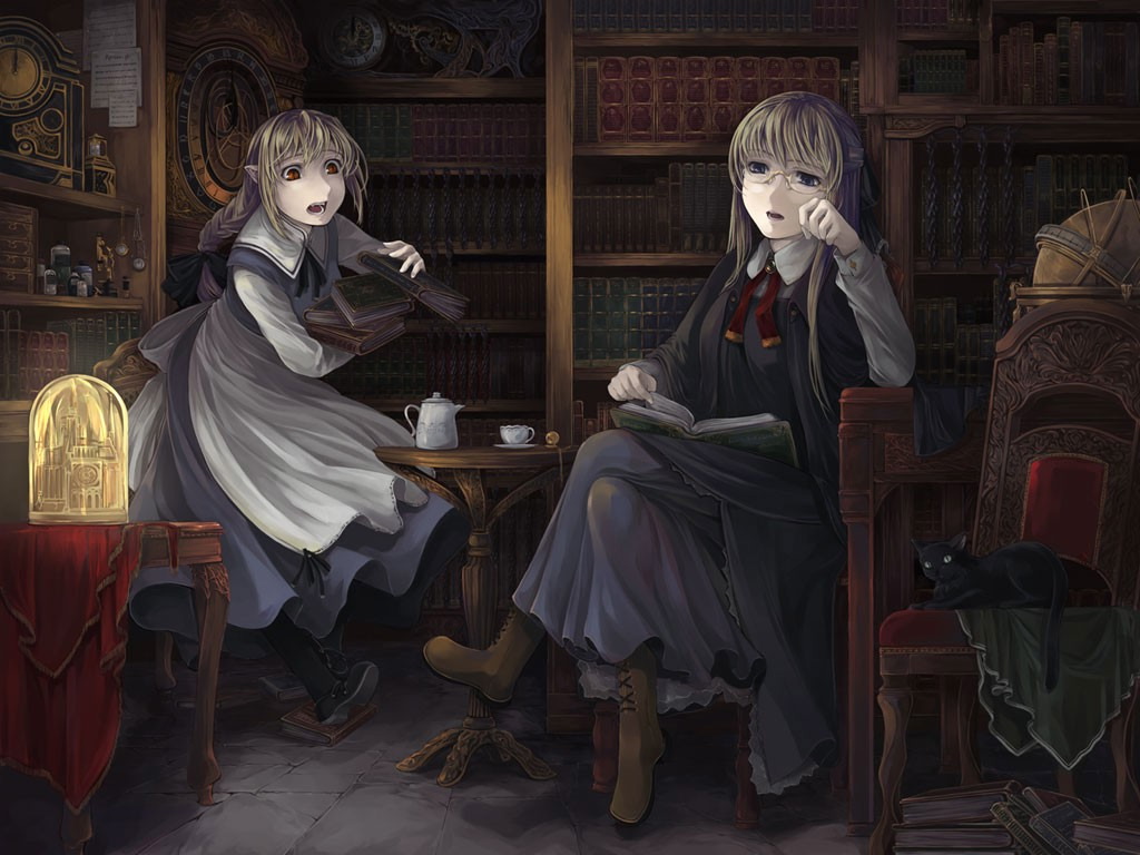 2girls black_cat blackcat block blonde_hair blue_eyes book boots braid cat chair elf glasses legs_crossed library long_hair multiple_girls open_book pointy_ears reading red_eyes room simosi single_braid sitting table tripping