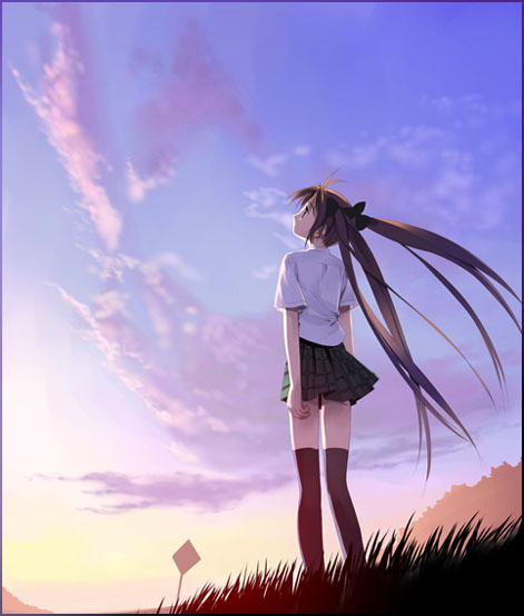 1girl black_legwear bow brown_hair clouds evening floating_hair grass hair_bow long_hair looking_up road_sign school_uniform serafuku shirt short_sleeves sign skirt sky solo standing sunlight sunset thigh-highs twilight twintails ueda_ryou white_shirt wind zettai_ryouiki