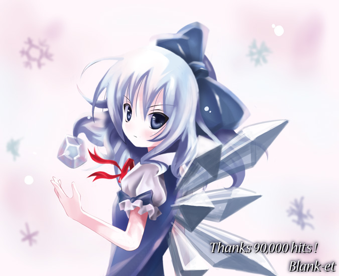 1girl blue_eyes blue_hair bow cirno female hair_bow hits ice kukyo looking_back no_nose serious short_hair snowflakes solo the_embodiment_of_scarlet_devil touhou wings