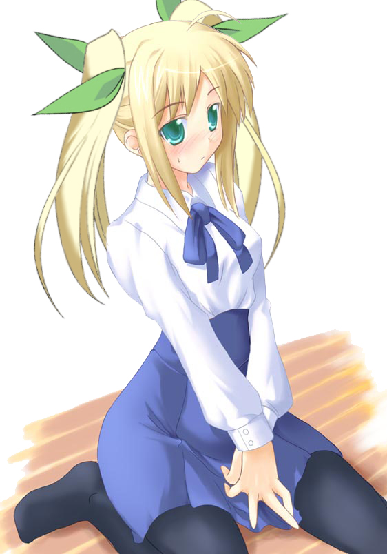 1girl blonde_hair blouse fate/stay_night fate_(series) pantyhose parody saber soba_(saz) solo twintails