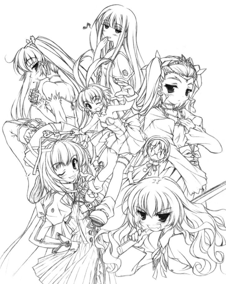 6+girls aiko aiko_(renkin_san-kyuu_magical_pokaan) black_(artist) everyone lineart monochrome multiple_girls pachira renkin_san-kyuu_magical_pokaan uma