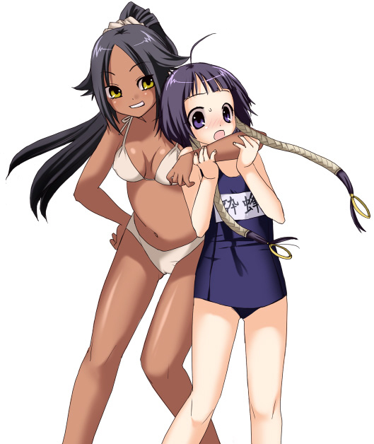 2girls bikini black_hair bleach blue_hair dark_skin multiple_girls name_tag one-piece_swimsuit ponytail school_swimsuit shihouin_yoruichi sui-feng swimsuit twintails