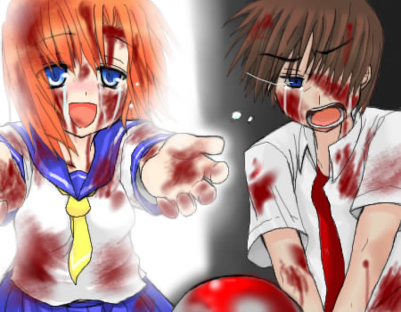 1boy believe_in_me blood blue_eyes brown_hair couple hair_over_one_eye hetero higurashi_no_naku_koro_ni komore lowres maebara_keiichi necktie orange_hair ryuuguu_rena school_uniform serafuku tears