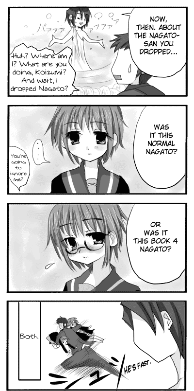 2boys 2girls 4koma comic dual_persona folklore greyscale hard_translated honest_axe koizumi_itsuki kyon monochrome multiple_boys multiple_girls nagato_yuki parody suzumiya_haruhi_no_shoushitsu suzumiya_haruhi_no_yuuutsu translated