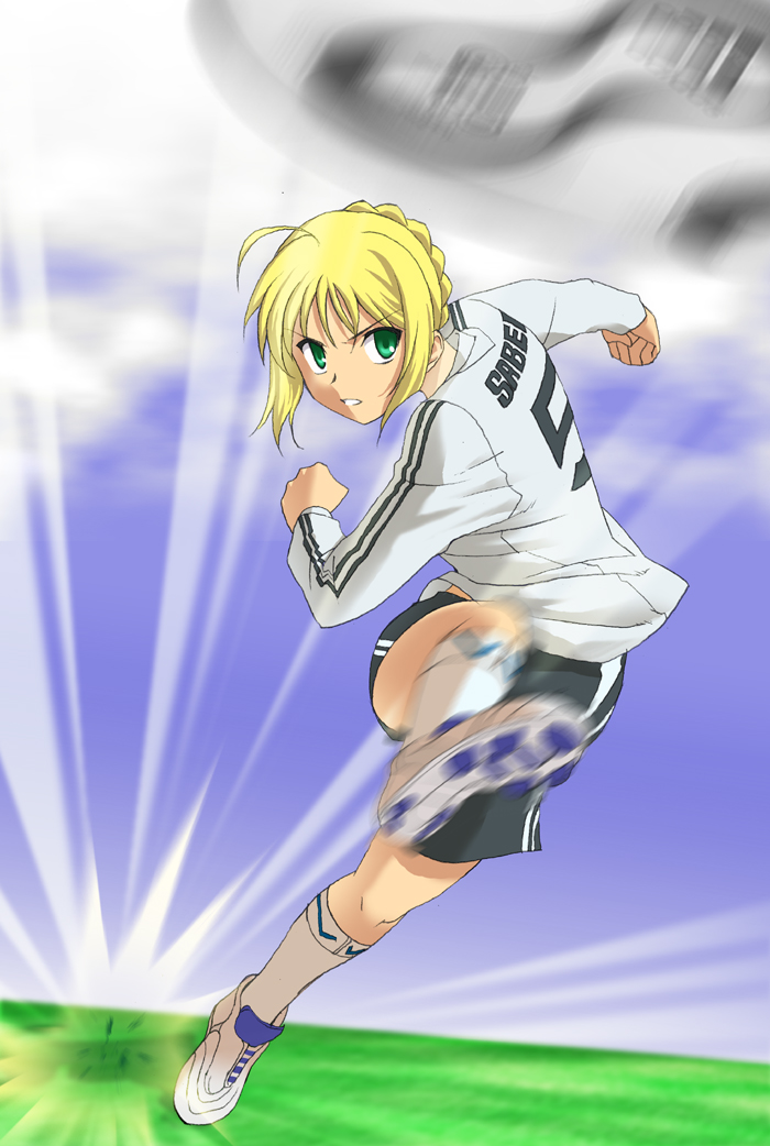 1girl 2006_fifa_world_cup ball blonde_hair clothes_writing england fate/stay_night fate_(series) g-tetsu germany green_eyes kicking saber soccer soccer_ball solo sport teamgeist world_cup