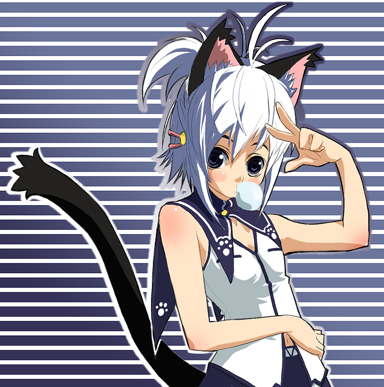 animal_ears blue_hair bubblegum cat_ears cat_tail hair_ornament hairclip tail takano_saki v