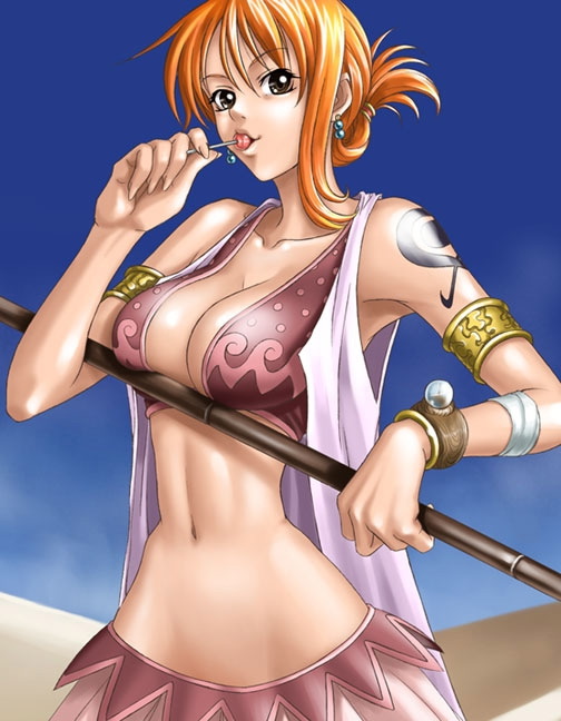 1girl alabasta arabian_clothes armband armlet armpits bangle bracelet breasts brown_eyes candy cleavage clima-tact earrings female gypsy jewelry kagami_hirotaka large_breasts log_pose lollipop midriff nami_(one_piece) navel one_piece orange_hair outdoors revealing_clothes sand short_hair sky sleeveless solo staff tattoo weapon