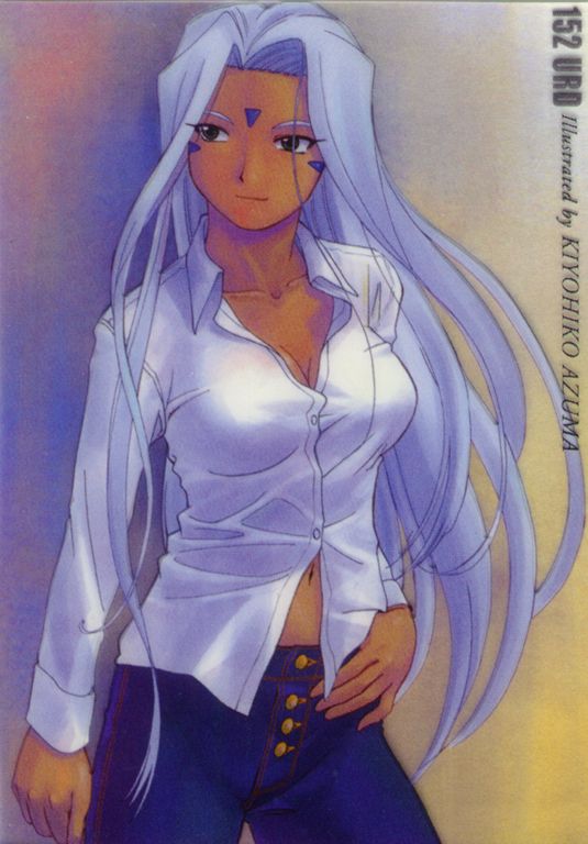 1girl aa_megami-sama azuma_kiyohiko blouse breasts cleavage collarbone dark_skin denim dress_shirt facial_mark forehead_mark goddess jeans long_hair midriff pants shirt simple_background solo urd very_long_hair white_hair