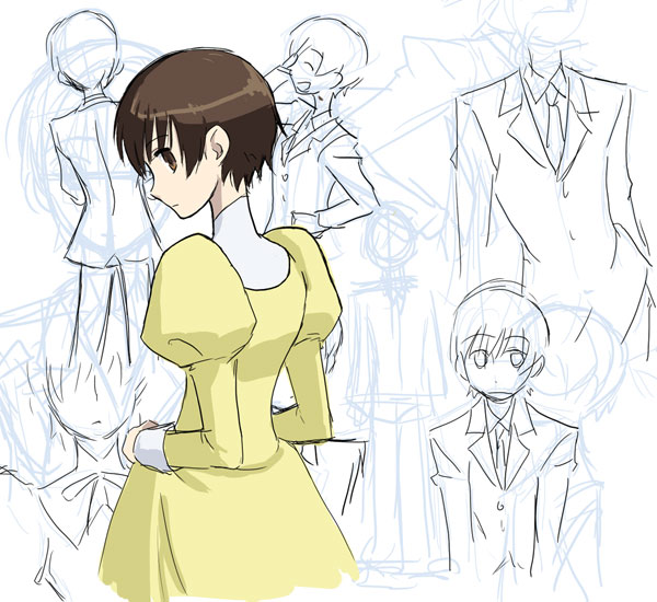 1girl cowboy_shot dress expressionless formal from_behind fujioka_haruhi long_sleeves looking_at_viewer looking_back ouran_high_school_host_club partially_colored psyt2 short_hair sketch solo suit unfinished yellow_dress