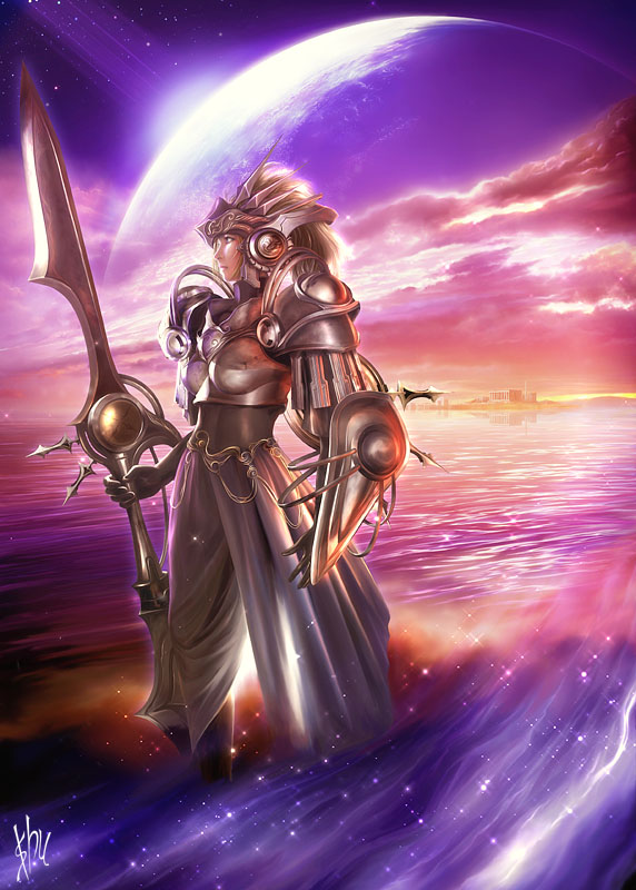 1girl armor armored_dress background beach belt blade blonde_hair boots brown_hair building chains clouds fantasy female gloves hair_ornament headgear helmet lance landscape midriff moon nature ocean original pale_skin pants planet polearm scenery shield shore short_hair shu shu_(littlebit) sky solo spear sunrise sunset sword twilight valkyrie water waving weapon