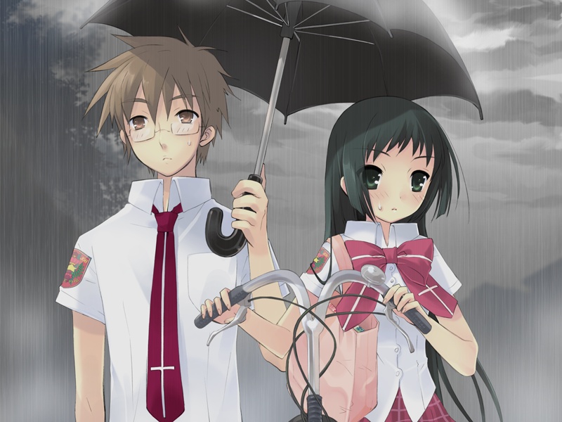 1boy 1girl ai_ai_gasa bicycle black_hair brown_hair glasses itou_noiji long_hair loose_necktie nanatsuiro_drops necktie rain school_uniform serafuku shared_umbrella tsuwabuki_masaharu umbrella yaeno_nadeshiko